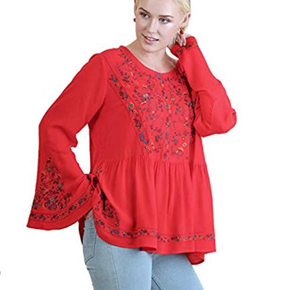 New Umgee Floral Embroidered Ruffled Hem Top Med - Picture 1 of 6
